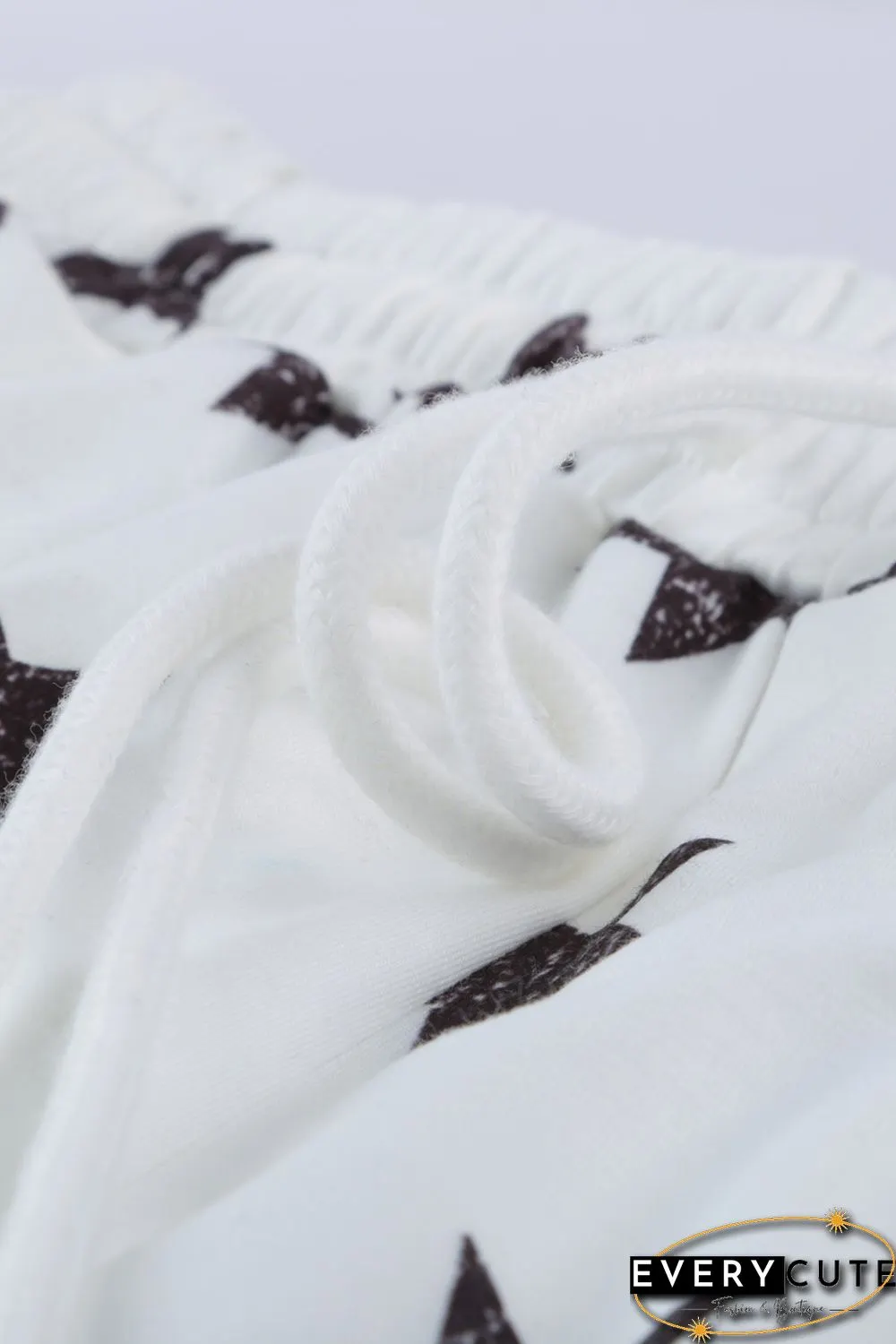 White Crew Neck Star Print Drawstring Loungewear Set with Pocket