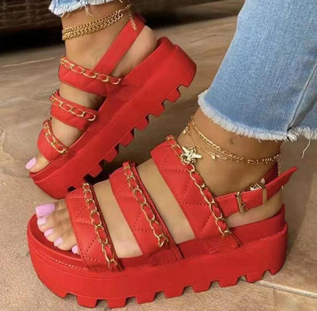 Luxury Trendy Women Sandals Thick Platform Wedges Sandals Heel Pu Leather Metal  Height Increasing Beach Casual  Sandalias Mujer