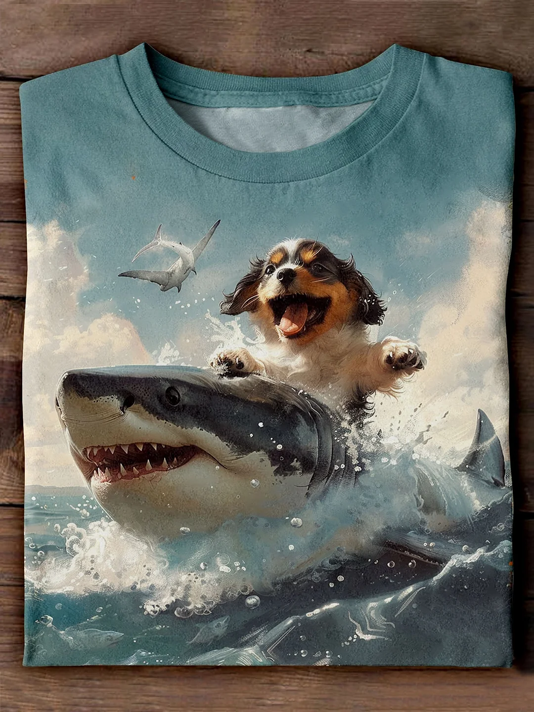 Funny Cute Dachshund Ride Shark Art Print Casaul Short Sleeve T-shirt Eagerlys