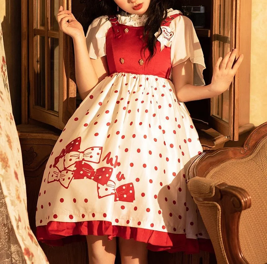 Lolita Fashion Short-Sleeve Two-Tone Dotted A-Line Dress YP939