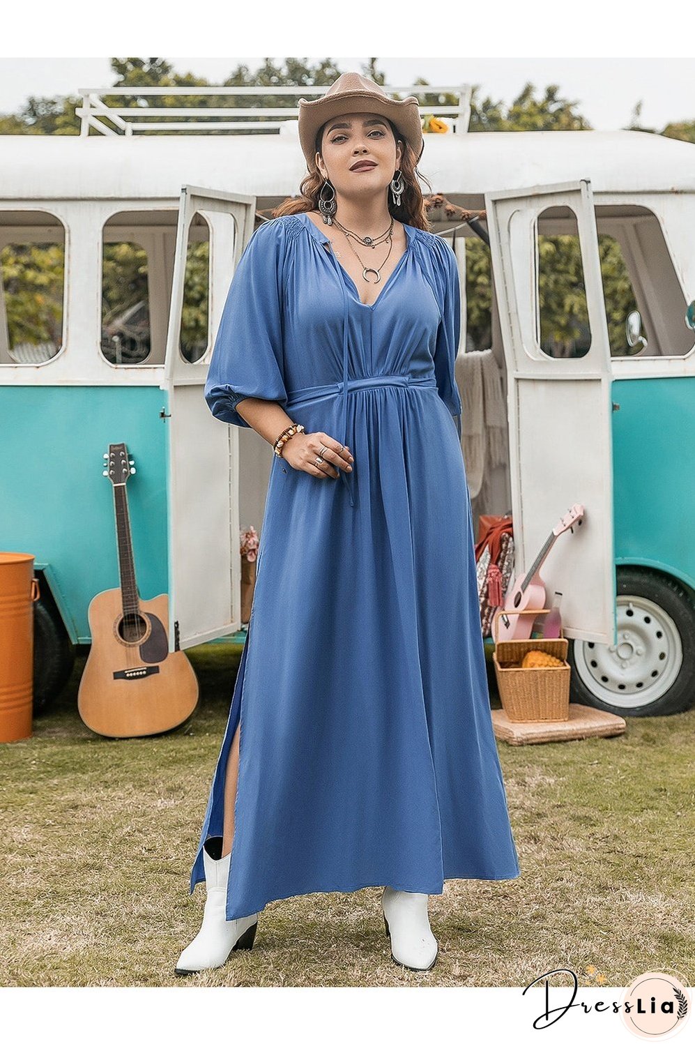 Plus Size Ruched Slit Three-Quarter Sleeve Midi Dress