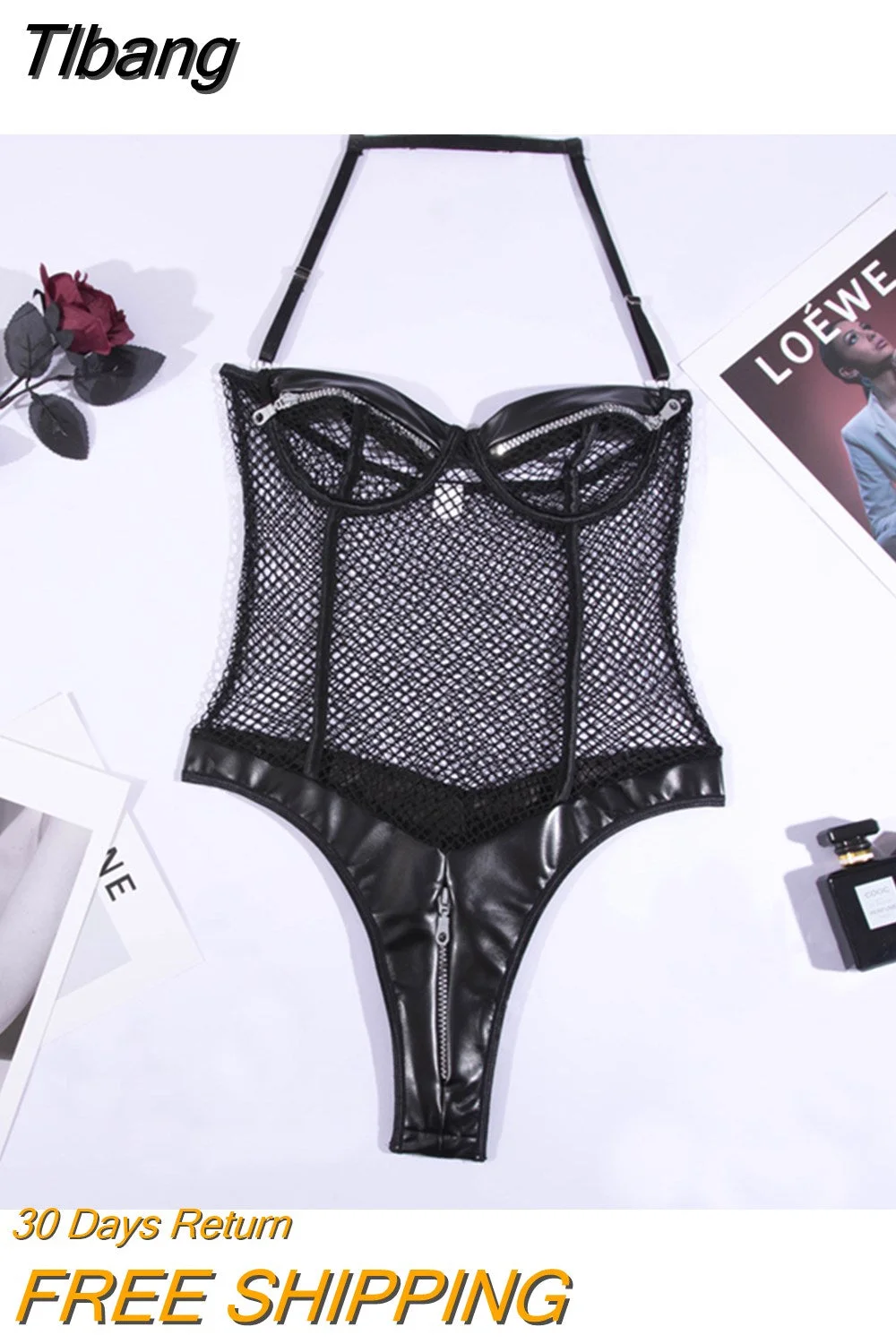 Tlbang Sensual Fishnet Bodysuit Women Lace Exotic Costumes Sexy Hollow Out Halter Bodycon Hot Lingerie Sissy Zipper Body