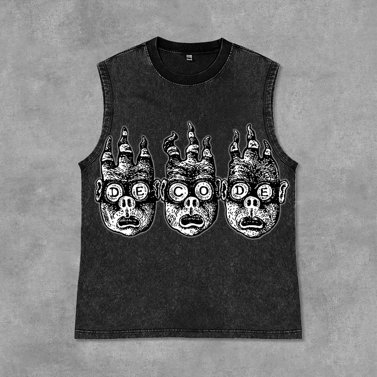 Funny Cartoon Avatar Graphics Print Vintage Acid Washed Sleeveless Tank Top SOPULA