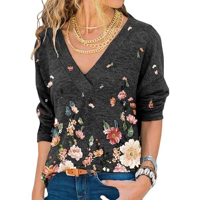 Floral Print Oversized T Shirts Womens Clothes Spring Casual Fashion V Neck Long Sleeve Loose Tops Vintage Tee Shirt Femme