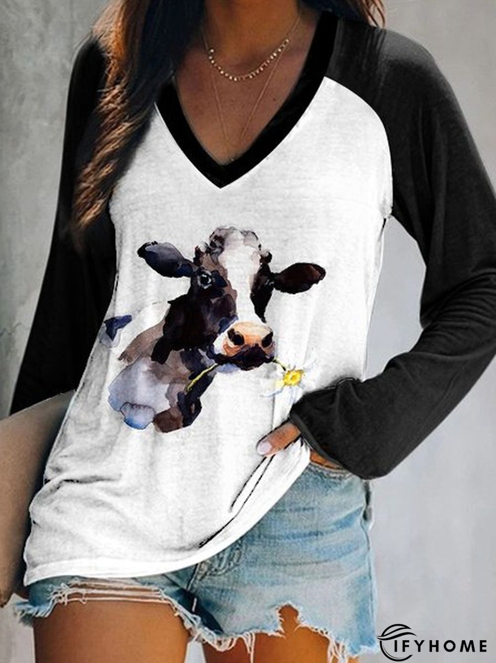 V Neck Animal Regular Fit Cow Long Sleeve T-shirt | IFYHOME