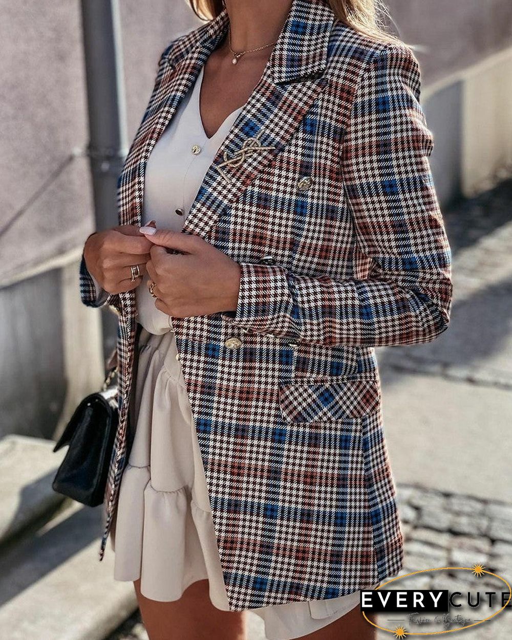 Plaid Lapel Collar Double Breasted Flap Detail Blazer