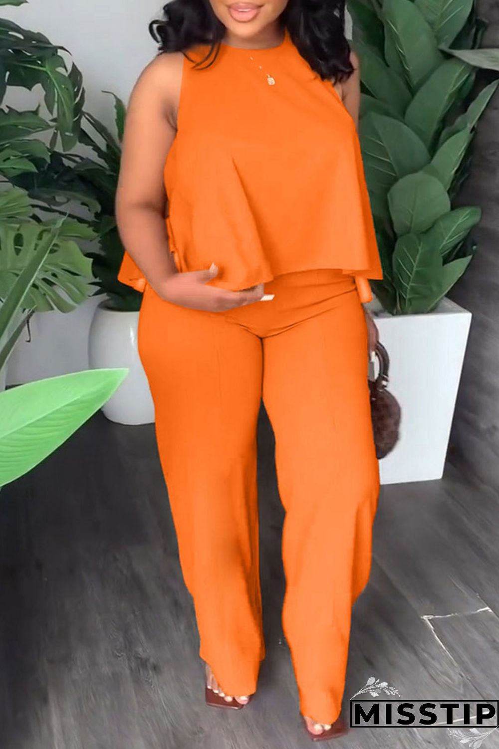 Orange Casual Solid Patchwork O Neck Plus Size Two Pieces