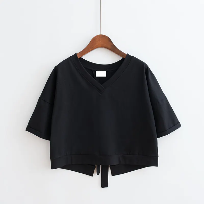 Brownm Brownm Summer Pure Color Back Splicing Fork V-Neck Loose Short Jacket Female Student Strap Short Sleeve T-Shirt Women's Wear