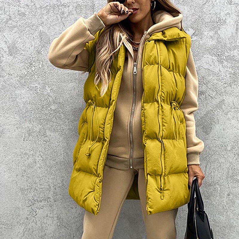 Korean Style Autumn Winter Long Waistcoat Women Solid Sleeveless Jacket Zipper Vest Female V Neck Pocket Casual Loose Outerwear