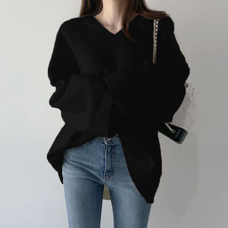 Jqang Cashmere Soft V Neck Women Sweater Elegant Knitted Basic Oversized Pullovers Loose Warm Female Casual Knitwear Jumper