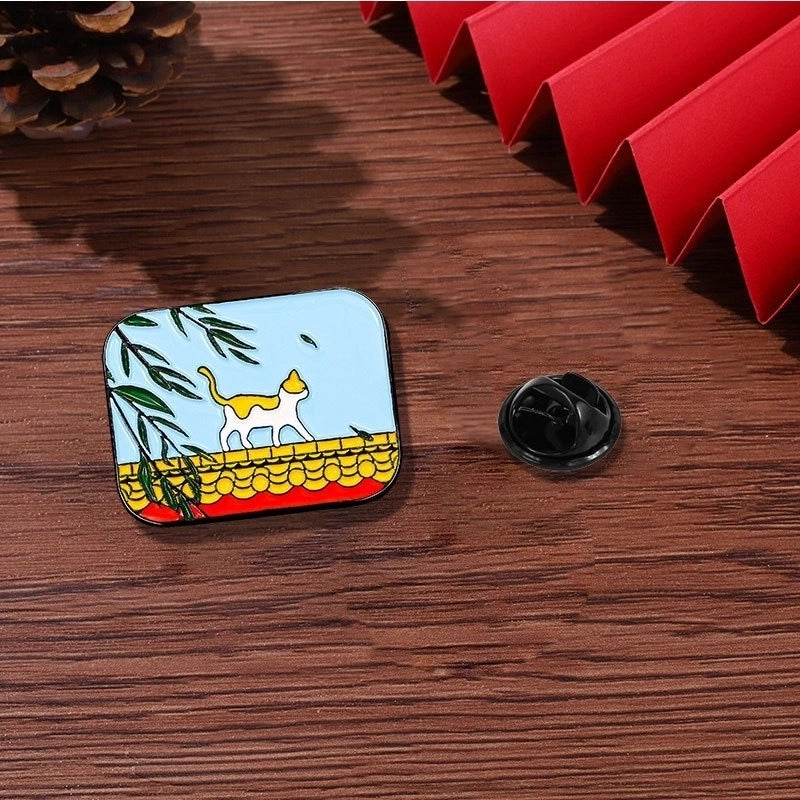 Cartoon Style Oil Painting Cat Landscape Alloy Stoving Varnish Plating Kid’S Unisex Brooches Collar Pin