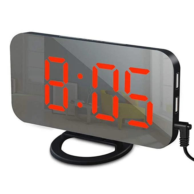 Digital LED Alarm Clock Mirror 2 USB Charger Ports Night Light LED Table Clock Snooze Function Adjustable Brightness Desk Clocks