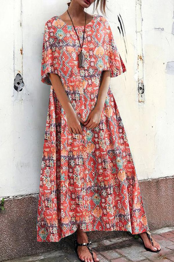 Boho Print Round Neck Maxi Dress - Life is Beautiful for You - SheChoic
