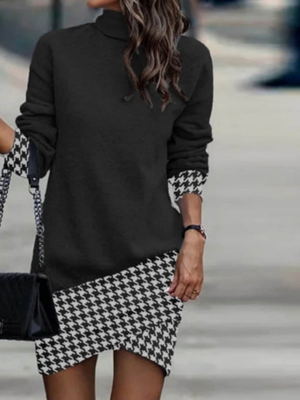 Houndstooth Fashion Panel Fitted Dress