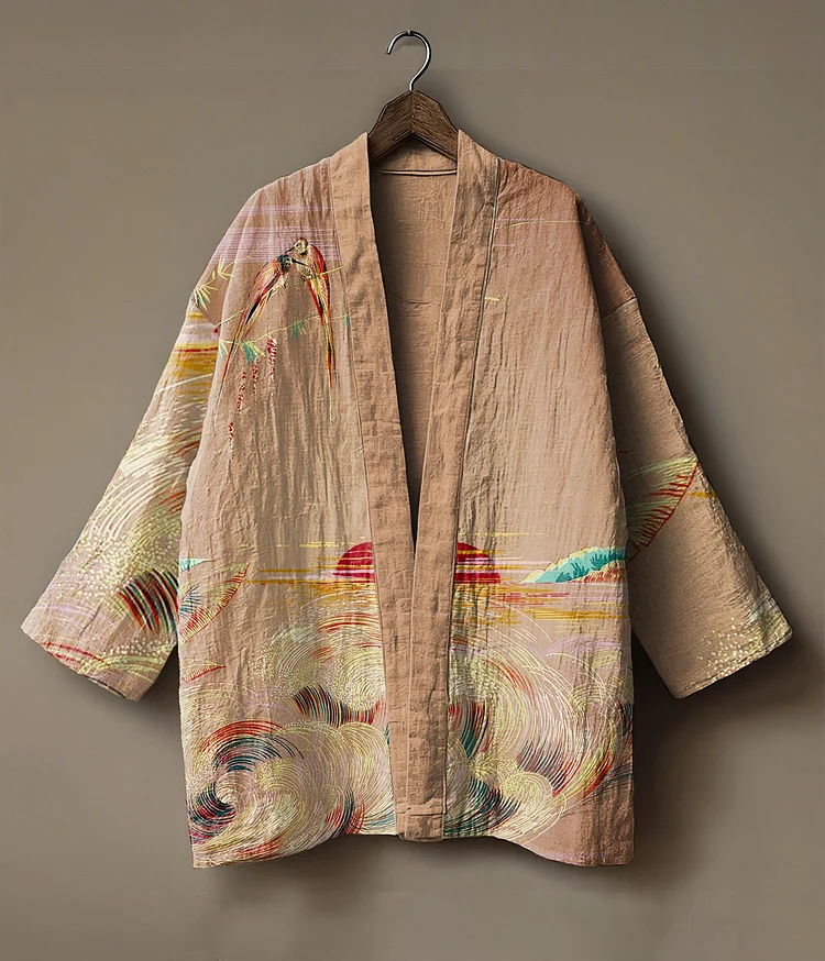 Abstract print embroidered linen cardigan kimono