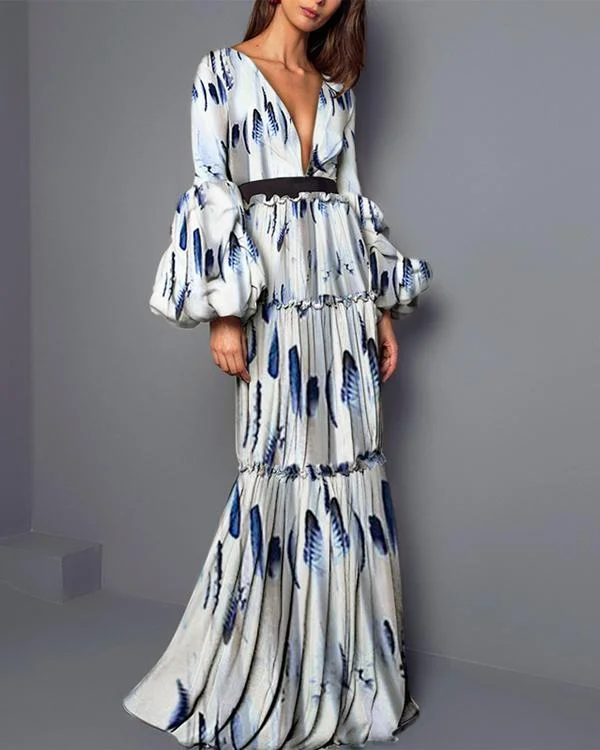 Sexy Feather Printed Split Joint Maxi Dress