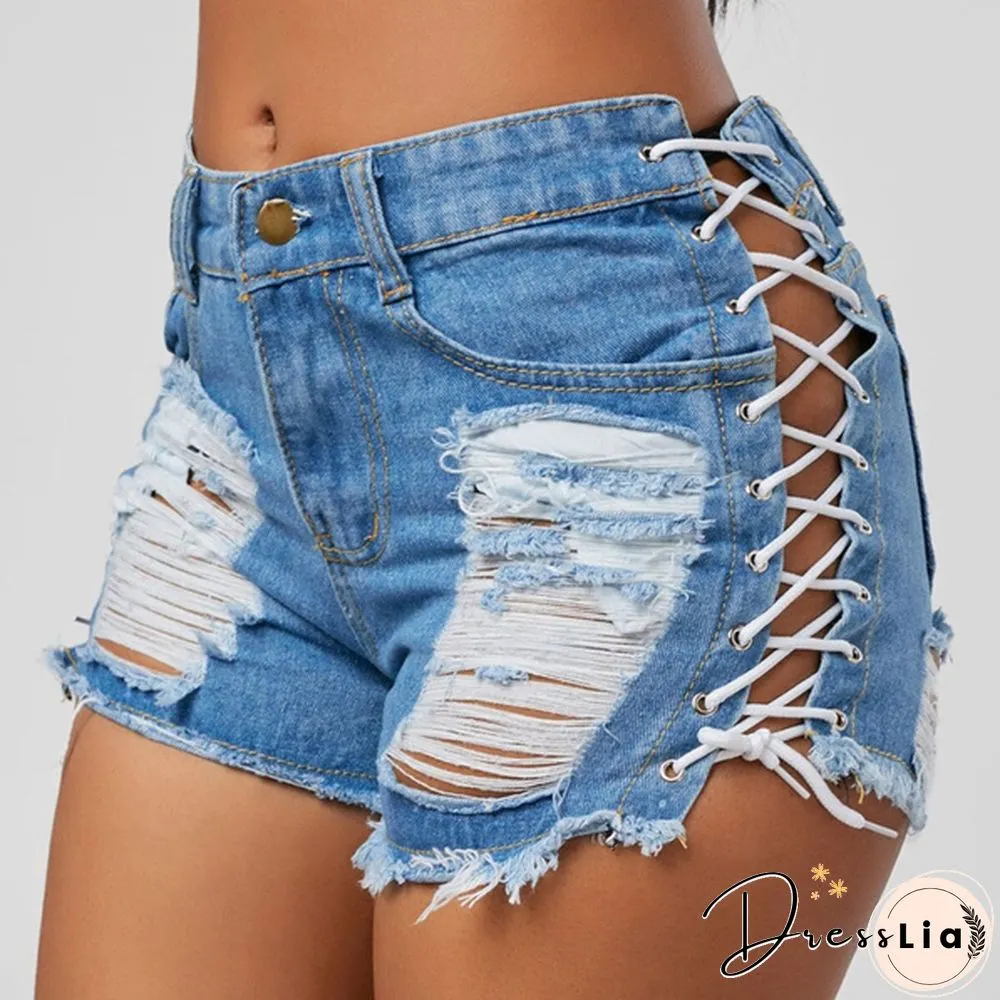 Summer Womens Denim Shorts-New Black Blue High Waists Ripped Shorts Jeans Tassel Lace