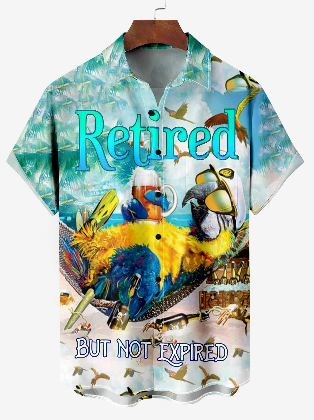 "Retired But Not Expired" Parrot Head Tiki Party Chest Pocket Shirt PLUSCLOTHESMAN