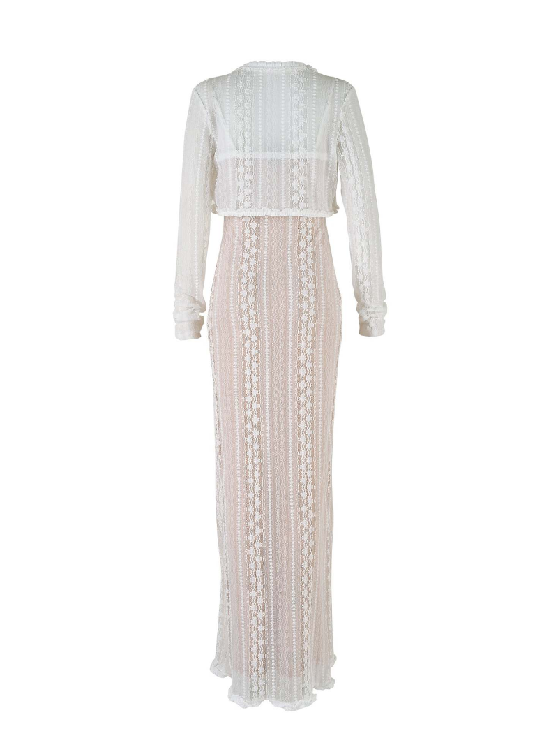 Ootddress Female Elegant Hollow Out Maxi Dress V-Neck Long Sleeve Split Party Dress Evening Tiered Fashion Summer Halter Dress 2025