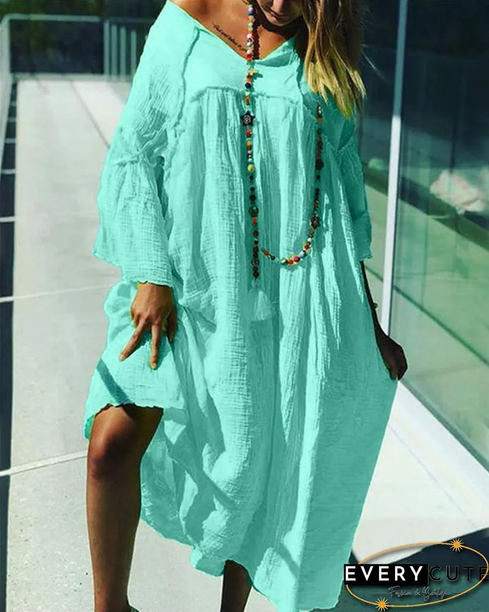 Solid Loose Summer Holiday Daily  Women Fashion Midi Dresses