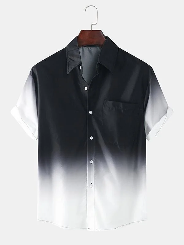 Mens Black White Blue Gradient Color Printed Casual Short Sleeve Shirt
