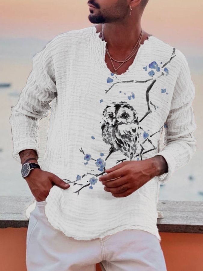Men's printed cotton linen long sleeved shirt