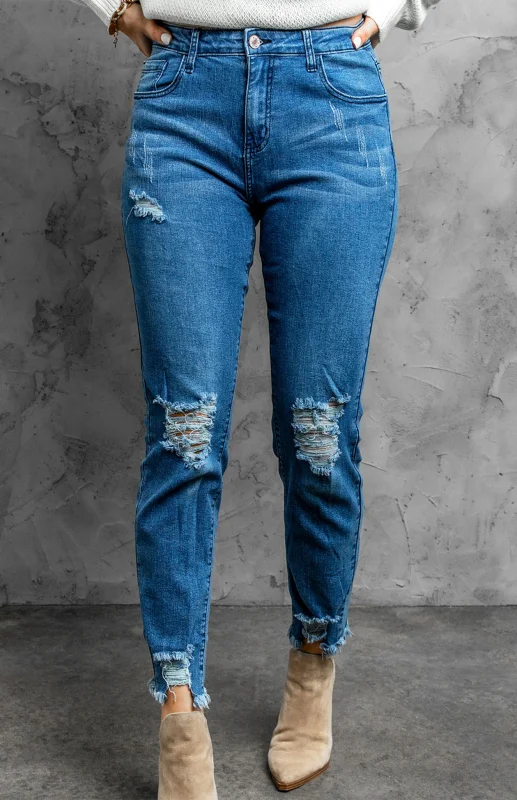 Classic Medium Rise Ripped Slim Fit Washed Jeans Flusfy