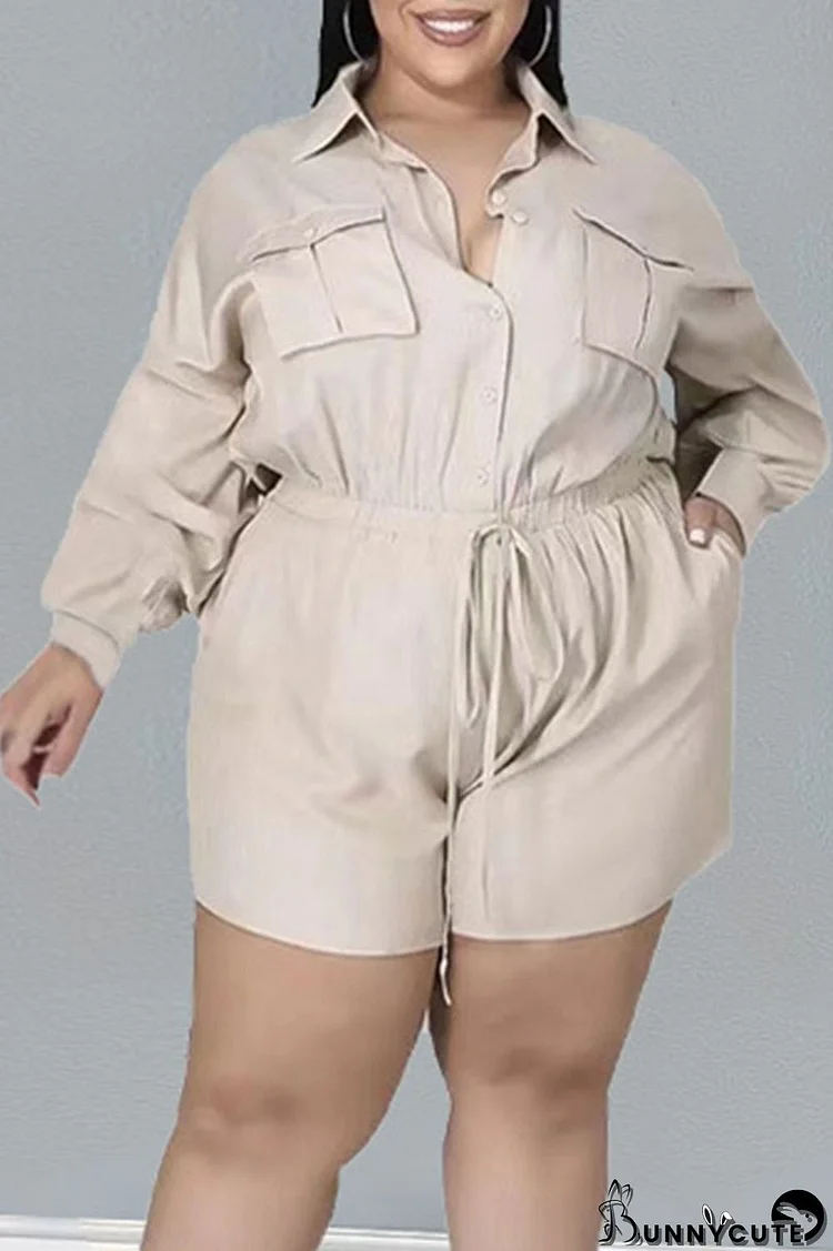 Apricot Casual Solid Split Joint Buckle Turndown Collar Plus Size Jumpsuits