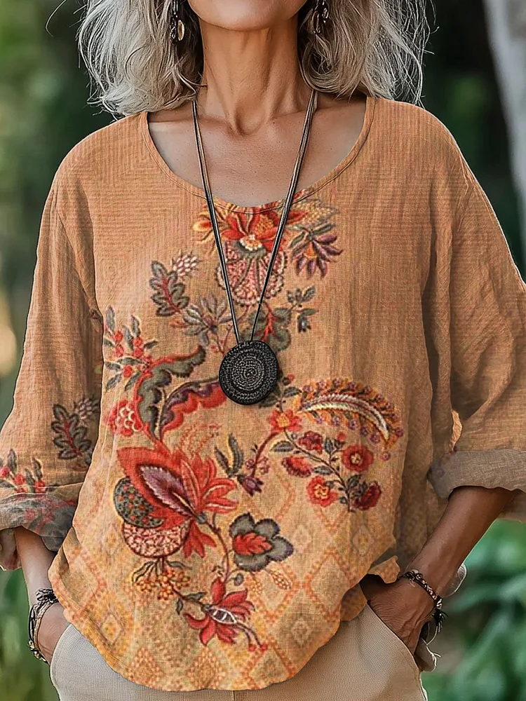 Women's Floral Art  Print Casual Cotton And Linen Shirt