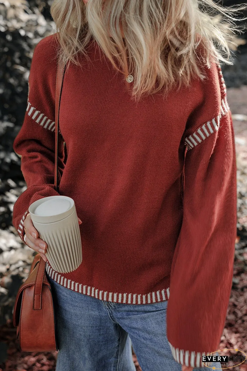 Red Dahlia Color Contrast Trim Drop Shoulder Crew Neck Sweater