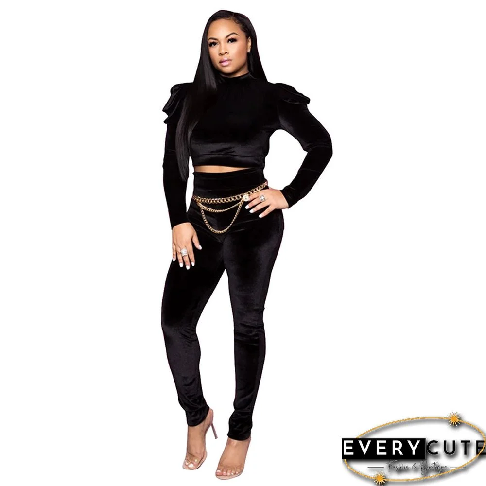 Black Korean Velvet Crop Top with Pant Set