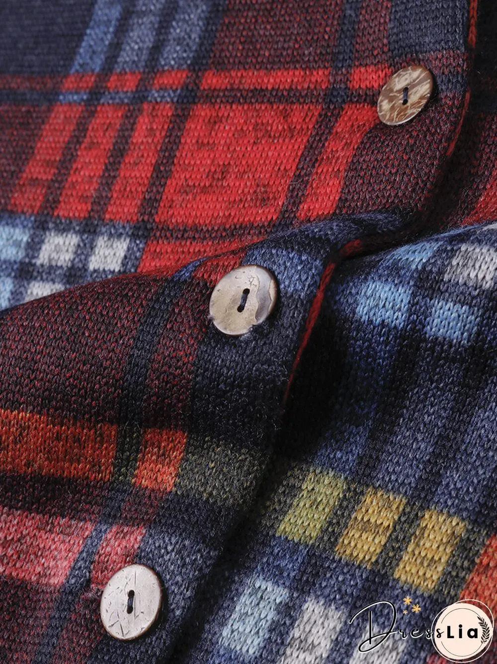 Color Plaid Print Long Sleeves O-neck Button Casual Coat For Women