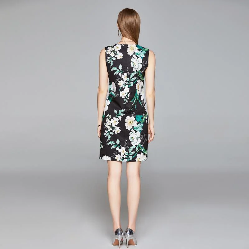 Crew neck sleeveless print tank top short dress