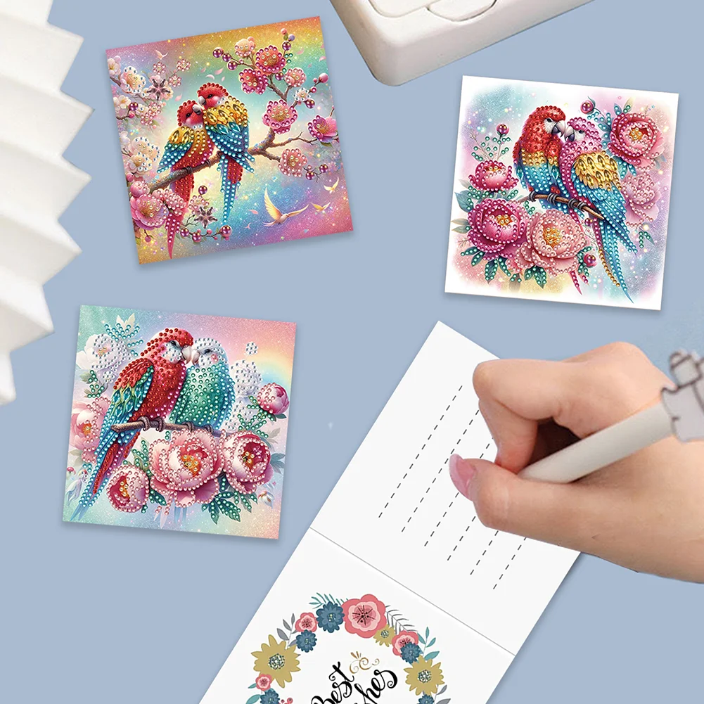 6Pcs Parrot On Tree DIY Diamond Painting Greeting Card 5D Drill Painting Card【With White Envelope】