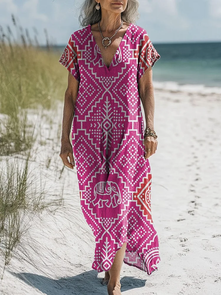 Women's Retro Abstract Pattern Art Print Pocket Cotton Dress