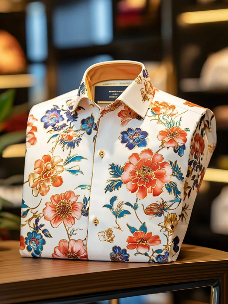 Men's Business Casual Floral Print Long Sleeve Polo Shirt