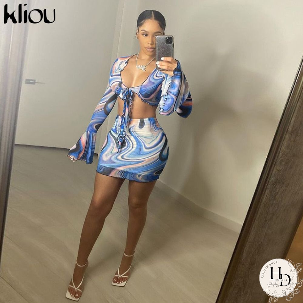 Kliou Bow Lace Print Sheath Sexy Women Two Piece Sets Flare Sleeve V-Neck Hot Female Mesh