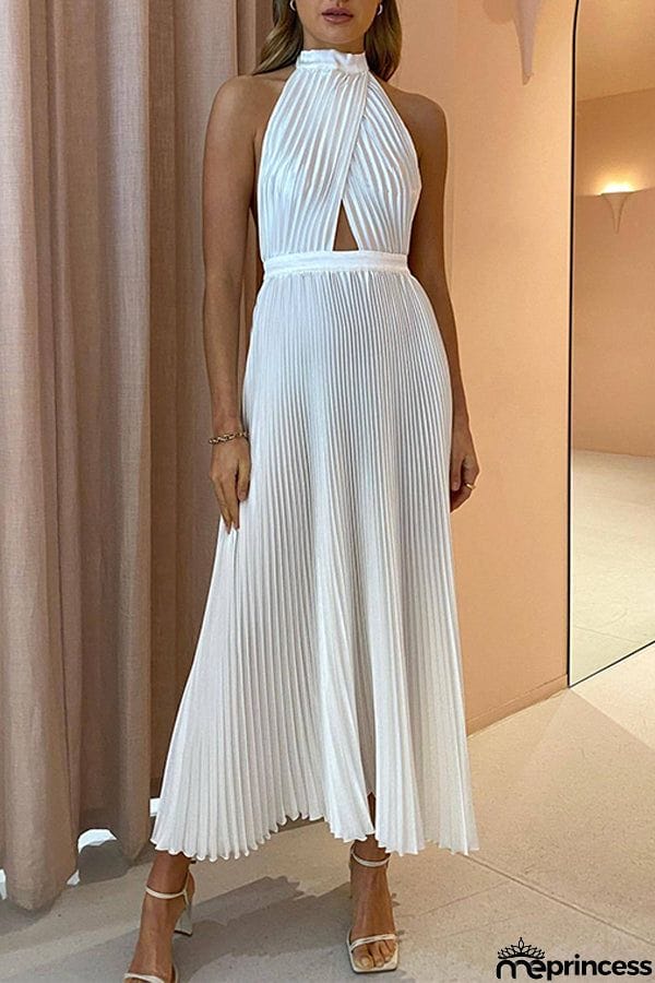 KOLLINS PLEATED HALTER MIDI DRESS - HUNTER GREEN