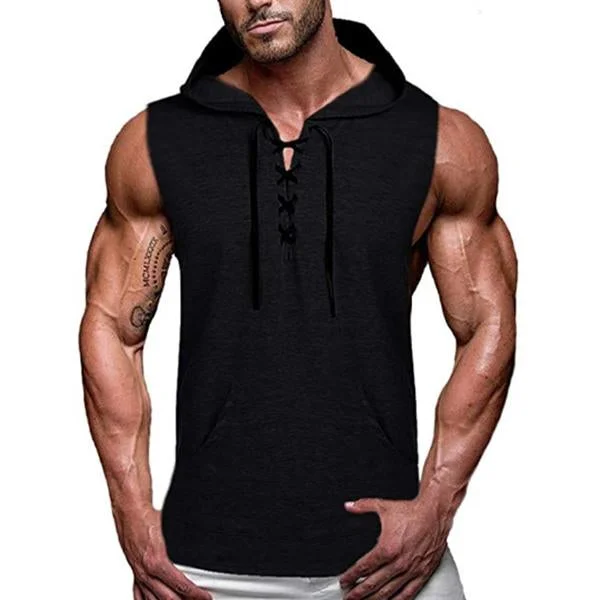 Men's Casual Hooded Solid Color Lace-Up Tank Top