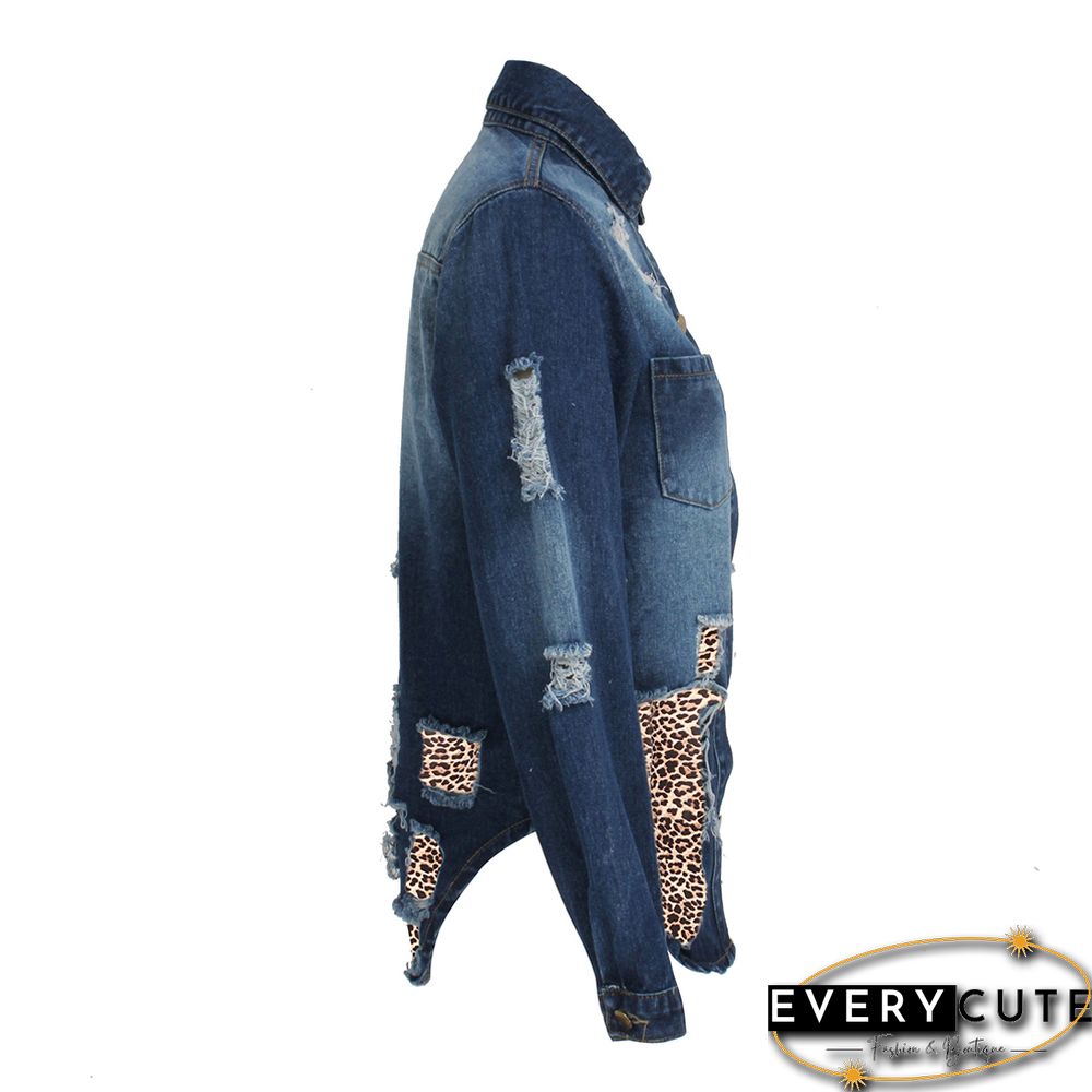 Navy Blue Spliced Leopard Patches Denim Jacket