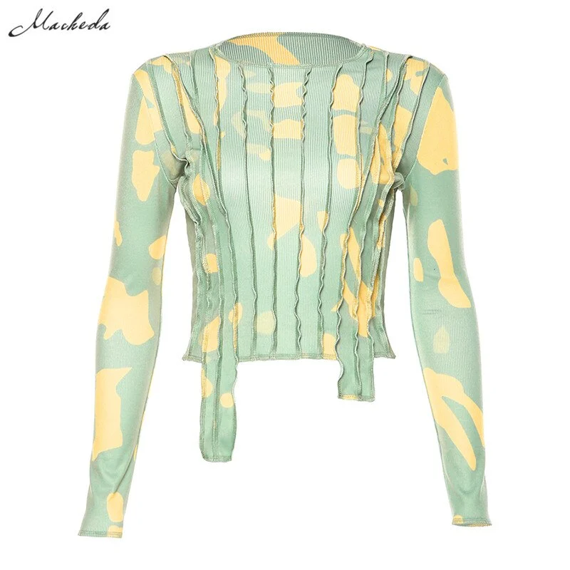 Macheda Print Women T Shirt Patchwork Long Sleeve O Neck Slim Streetwear Tees 2019 Autumn Lady Fashion Striped Outfits New