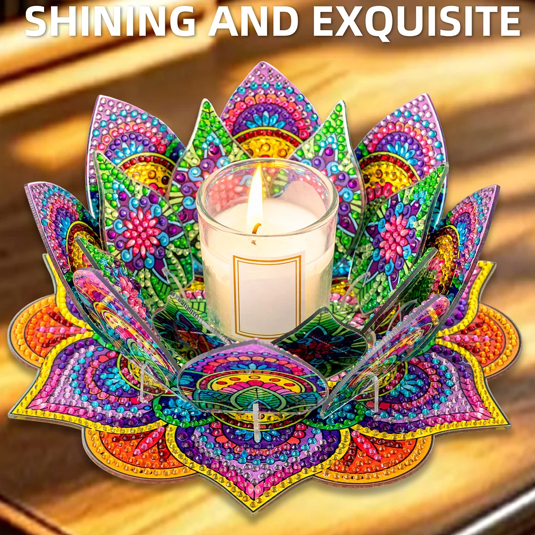 5D DIY Diamond Art Painting DIY Acrylic Desktop Ornament Flower Candle Holders Tealight Handmade Home Office Decor for Adults Beginners ( Purple and Yellow Lotus)