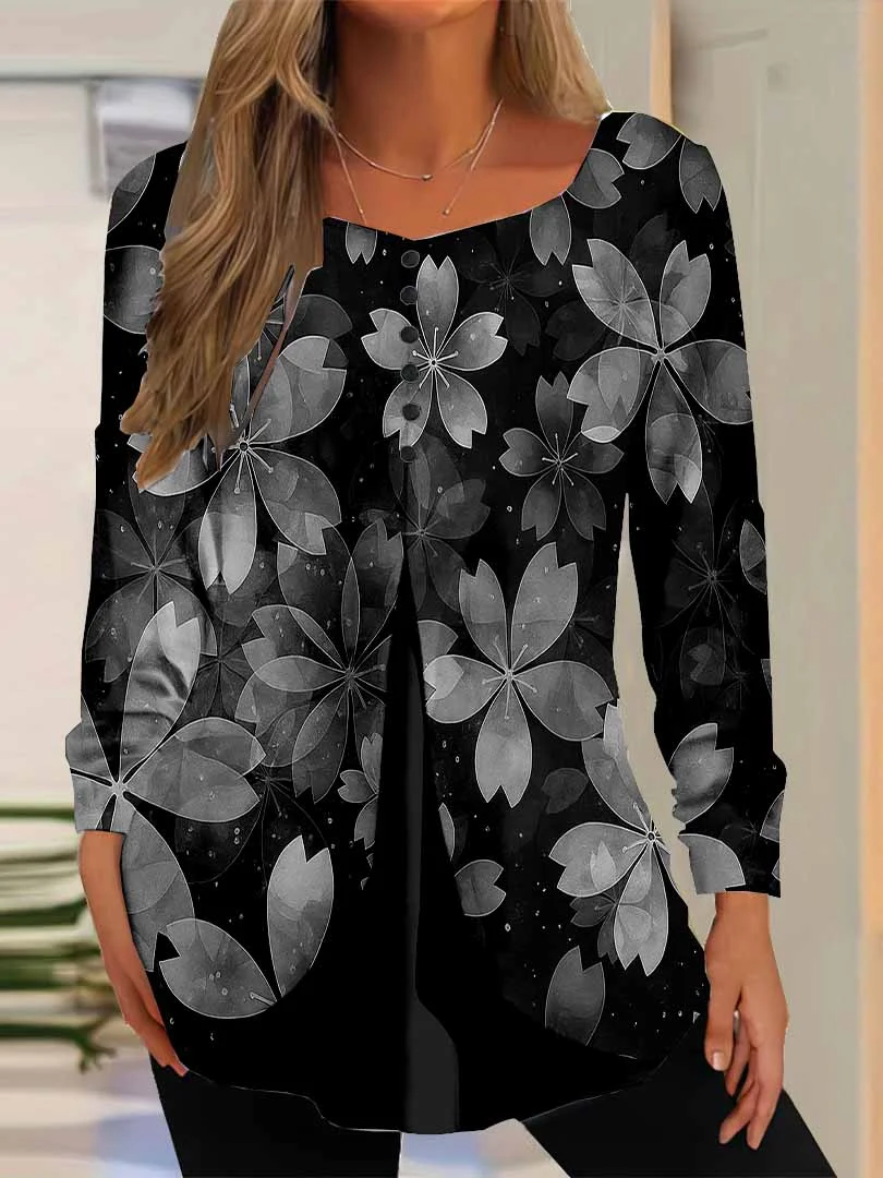 Women Floral,Black DZGG8196 Long Sleeve Scoop Neck Printed Graphic Button Fake 2in1 Tops