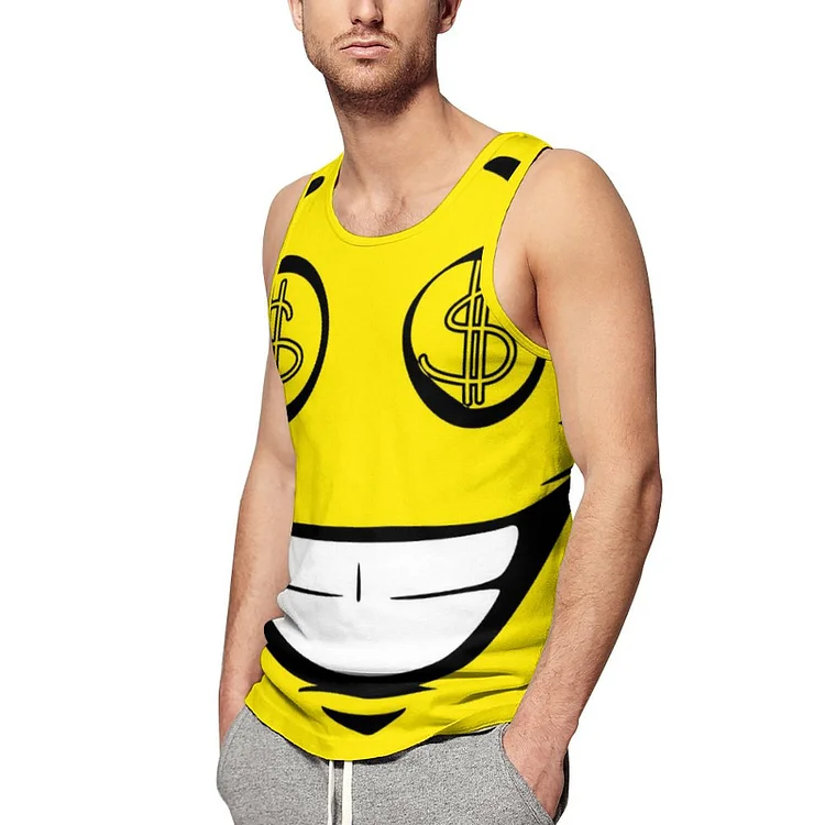 Men Rich Greedy Money Eyes Yellow Face Tank Top All Over Print Casual Sport Gym T-Shirts Hawaii Beach Vacation Sleeveless Tees - Heather Prints Shirts