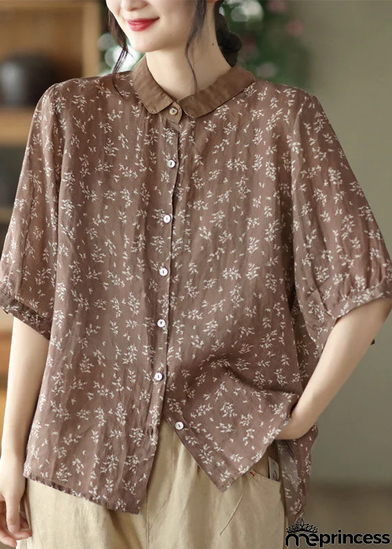 Chocolate Linen Shirt Top Button Peter Pan Collar Half Sleeve