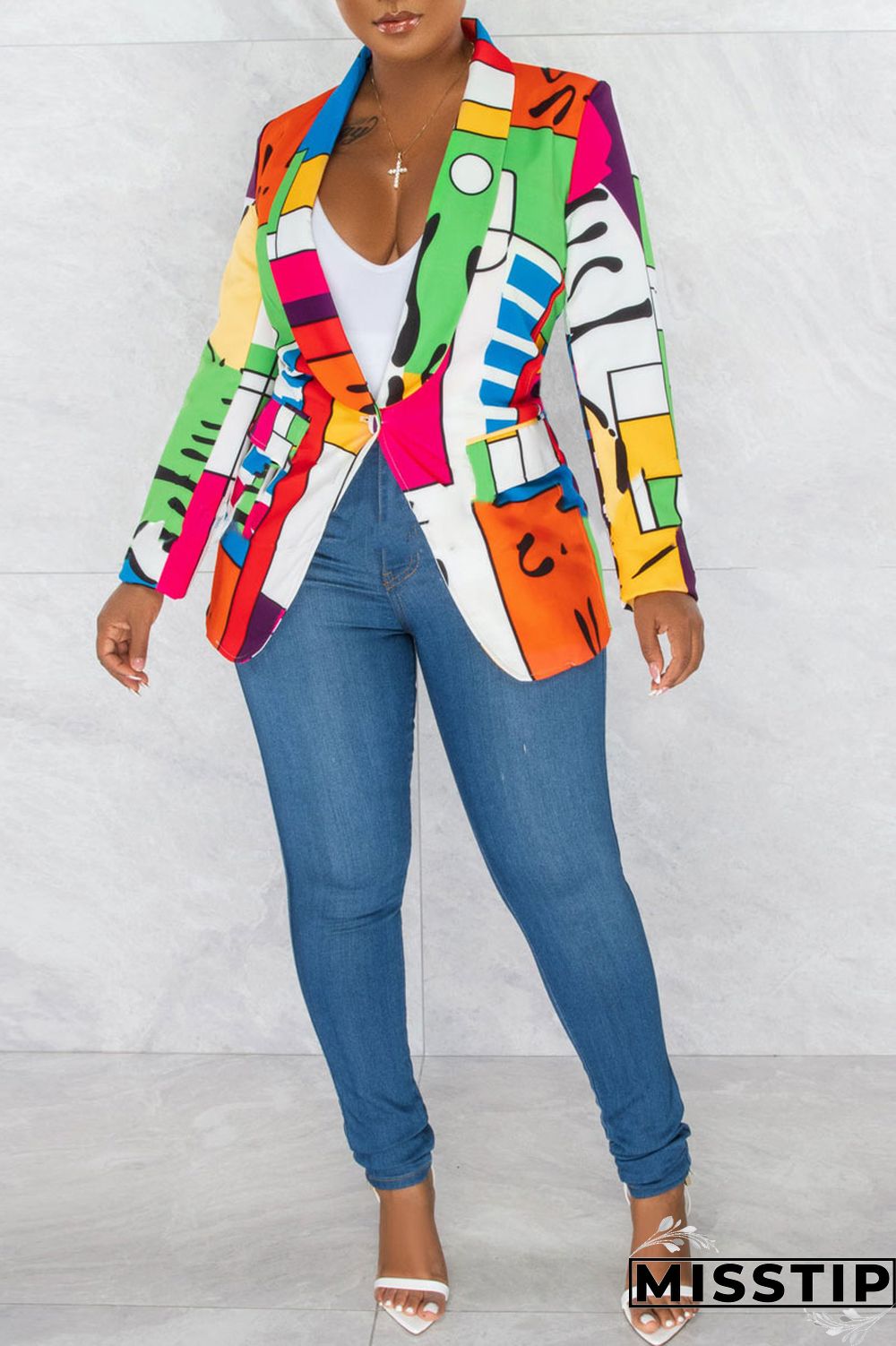 Green Fashion Casual Print Patchwork Cardigan Turn-back Collar Outerwear