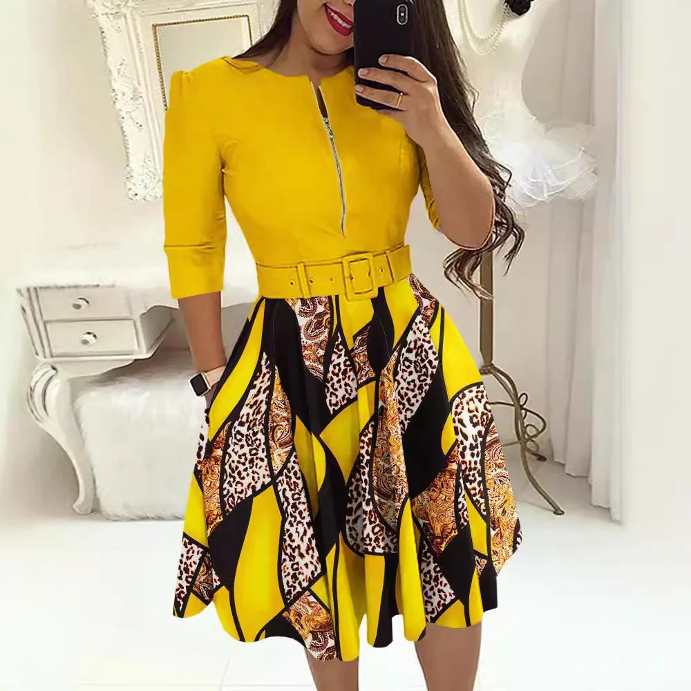 Uveng Uveng New Round-Neck Printing Belt Fashion Casual Commuter Dress Woman