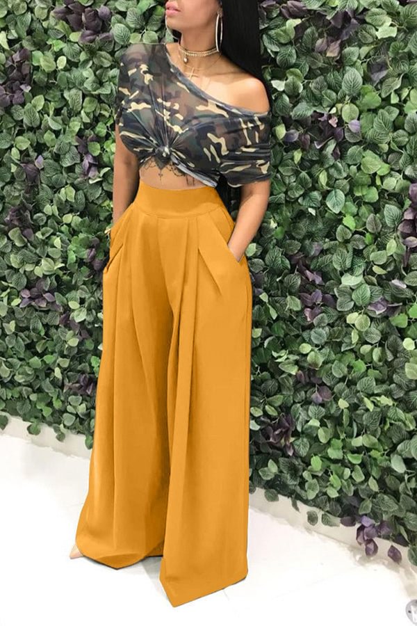 Simple High Waist Pleated Wide Leg Pants