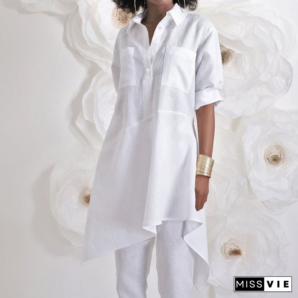 Womens Autumn Casual Long Shirt Irregular Hem Sleeve Turn Down Collar Loose Blouse Plus