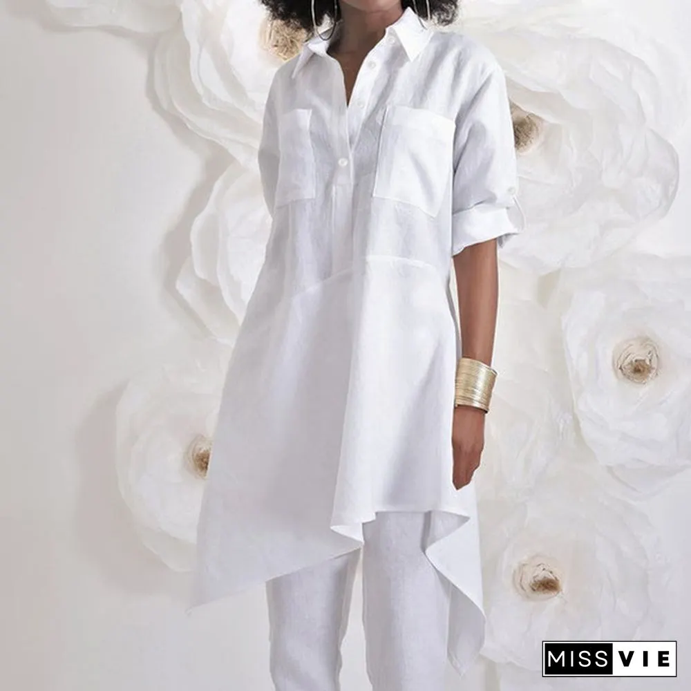 Womens Autumn Casual Long Shirt Irregular Hem Sleeve Turn Down Collar Loose Blouse Plus